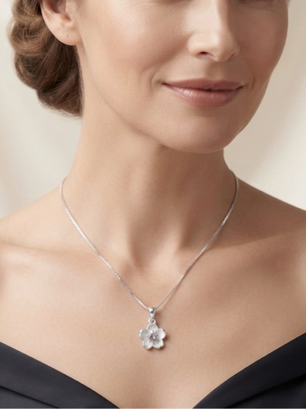Sterling Silver 925 stamped Cherry Blossom Flower Pendant Necklace